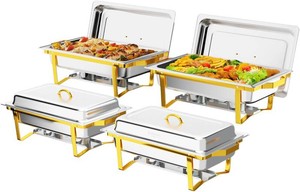 $130 ROVSUN 4-Pack 9QT Chafing Dishes with Rolled-Edge Gold & Silver Design, Folding Frame