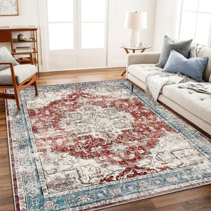 CHAMPLANT Washable Area Rug 9x12 Red & Blue Retro Flowers Boho Non-Shedding Easy Care