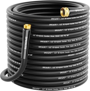SPECILITE Garden Hose 200 ft, 12 in Hybrid Rubber, 34 in Brass Fittings, Burst 600 PSI