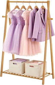 Bamboo Wood Kids Clothes Hanging Rack, Free-Standing Garment Rack for Bedroom & Living Room