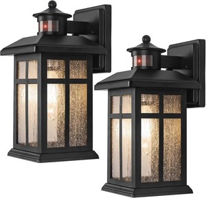 Motion Sensor Outdoor Wall Lights (2-Pack) Dusk-to-Dawn, E26, Tempered Glass, Wall-Mounted Black