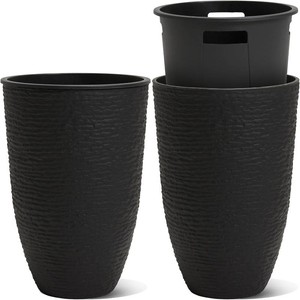 Worth Garden 2-Pack 21H Black Tall Planters with Inside Pots, 14 Dia Plastic Pots