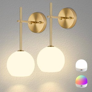 Gold Battery-Operated Wall Sconces (Set of 2), Rechargeable Wireless Lights with Frosted Glass