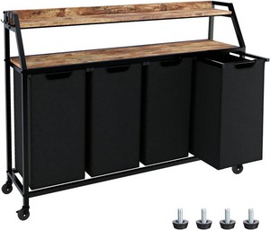 Timberer 4-Section Laundry Sorter with Wheels, 2 Shelves, Oxford Bags, BlackRustic Brown