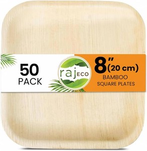 Raj Eco Compostable Palm Leaf Plates - 8 Inch Square, 50 Party Plates, Natural, Biodegradable