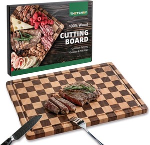 THETCHRY Acacia Cutting Board with Juice Grooves & Handles, 17x12x0.8, Large Serving Tray