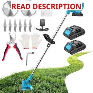 Weed Wacker, Cordless String Trimmer 21V with 2 Batteries 2.0Ah, 2 Types Metal Blades Powered Grass Trimmer, Pruning Shears, Adjustable Pole Weed Trimmer for Garden and Yard Lawn, Blue