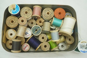 Vintage Aluminum Container & Vintage Sewing Thread, Wooden Spools