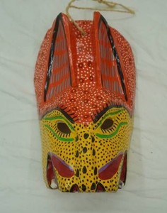 hand carved, hand painted wooden jaguar or tiger mask