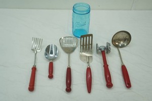 Vintage Metal Kitchen Utensils and blue glass Wide Mouth Ball Jar