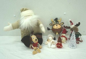 Christmas Decor. Plush Santa, Metal Reindeer, Wooden Puppy and more