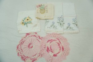Embroidered Flour Sack Dish Towels, Pair of Embroidered Pillow Cases, Pink and white Crochet Doilies