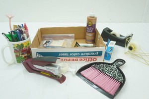 Office Supplies tape dispensers, pens, glue, stapler, dust brush and pan