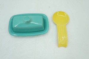 Fiestaware Butter Dish in Turquoise and Fiestaware Spoon Rest in Yellow. Homer Laughlin