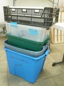 8 Storage Totes, 1 black crate (no lids)