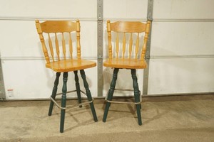 Pair of Wooden Swivel Bar Stools with Backs. 24 seat height 40 overall height