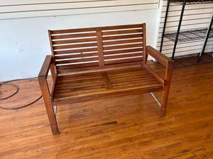 Wood Slat-Back Bench With Arms