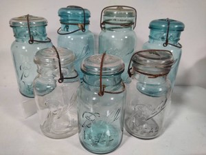 Assortment of Blue & Clear Glass Ball Jars wLids