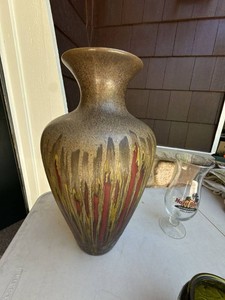 Large Art Pottery Floor Vase Brown Red Drip Glaze 15.5 In Decor