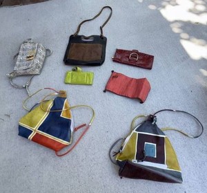 Mixed Womens Handbags, Italian Leather Geometric Double Shoulder Bags, Wallets Clutches 7 Pc Assorted Purse Lot