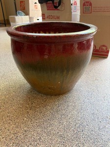 Large Glazed Ceramic Planter Pot Red Olive Drip Glaze 15in Good