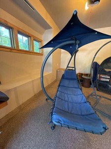 Hanging Patio Chaise Lounge Chair w Canopy Blue Cushion Steel Frame