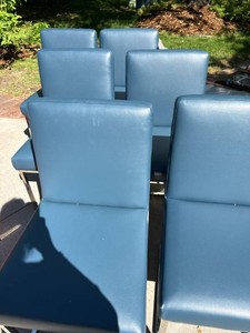 6 Blue Upholstered Dining Chairs Chrome Sled Base 37in Tall