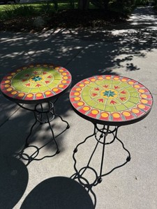 Pair of Pier 1 Mosaic Tile Top Plant Stands Side Tables 16in Round Iron Base