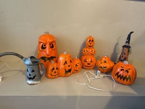Vintage Halloween Pumpkin Decor Lot 9 Pc Light-Up Blow Mold Style