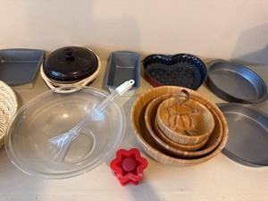 Assorted Kitchen Bakeware Serving Bowls Glass Wood Pan Set