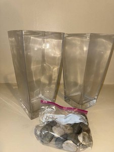 Pair of Clear Solid Glass Tapered Square Vases Planters w River Rocks