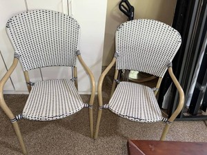 Pair of Bistro Patio Armchairs Blue White Woven Rattan Style Chairs