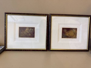 Pair Signed Framed Abstract Art Prints Symbols of Music & Coming Sun