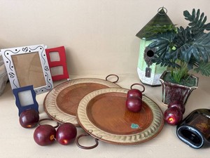 Pair of Round Wood Metal Serving Trays Ring Handles Rustic Decor