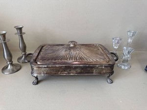 6 Pc Decorative Tabletop Lot Silverplate Server Pewter Glass Candles