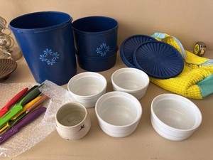 Mixed Kitchen Housewares Lot Canisters Ramekins Knives Vintage Blue