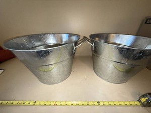 Pair Galvanized Metal Buckets Tubs w Handles Farmhouse Decor 10in