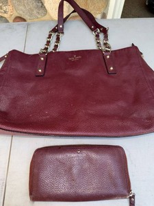 Kate Spade Pebbled Leather Tote & Zip Wallet Burgundy See Photos