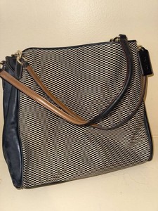 Coach New York Woven Shoulder Bag Black Cream Leather Trim Purse