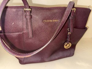 Michael Kors Saffiano Leather Tote Bag Burgundy Zip Top MK Charm