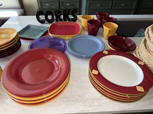 Assorted Colorful Ceramic Dinnerware Lot Plates Bowls Mugs Baskets
