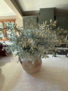 Faux Eucalyptus Floral Arrangement in Rustic Ceramic Vase Home Decor