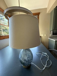Modern Art Glass Table Lamp Blue Gray Teardrop Base Drum Shade