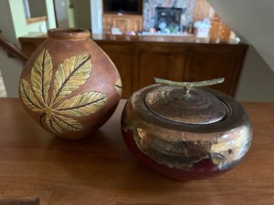 Pier 1 Mexico Vase & Lidded Art Pottery Bowl 2 Pc Decor Set