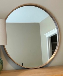 Large Round Wall Mirror Light Wood Frame Approx 35in Good Condition