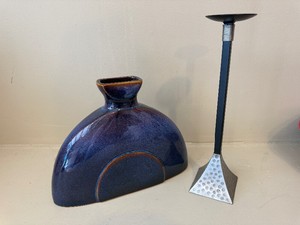 Modern Art Pottery Vase & Metal Candleholder Decor Set See Photos