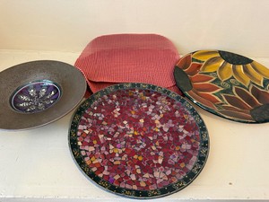 Decorative Platter Bowl Set Floral Pottery Mosaic Wall Decor 3 Pc