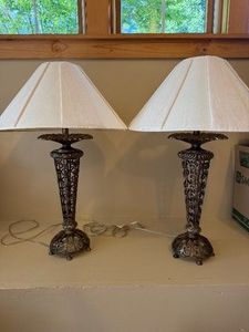 Pair Decorative Metal Scroll Table Lamps w Ivory Shades 23in Tall
