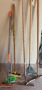 Assorted Lawn Garden Tool Lot Rake Shovel Fork Broom Squeegee