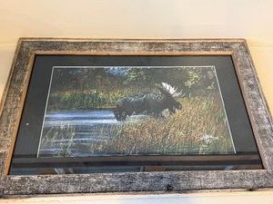 Framed Moose Wildlife Print Signed Dated 07 Rustic Wood Frame